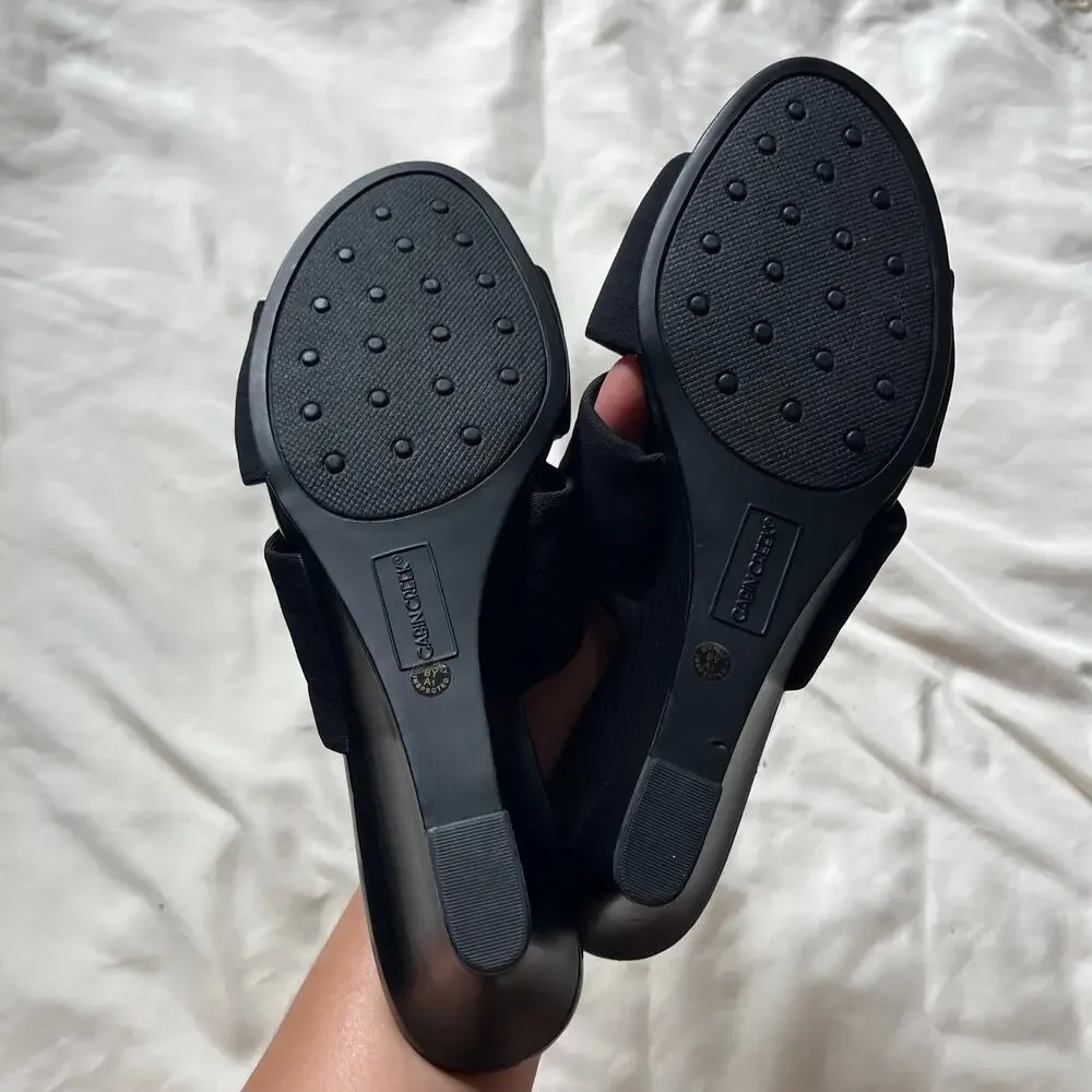 Black Open Toe Kitten Heel Wedge Sandals Sz 9 Y2K 2000s Grunge Summer Goth